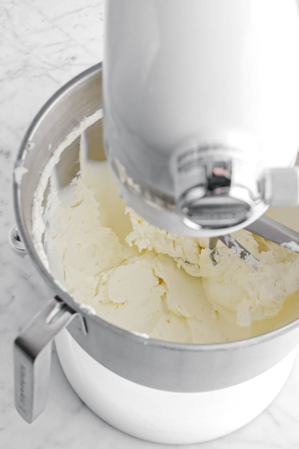 creamed cream cheese and sour cream in stand mixer.