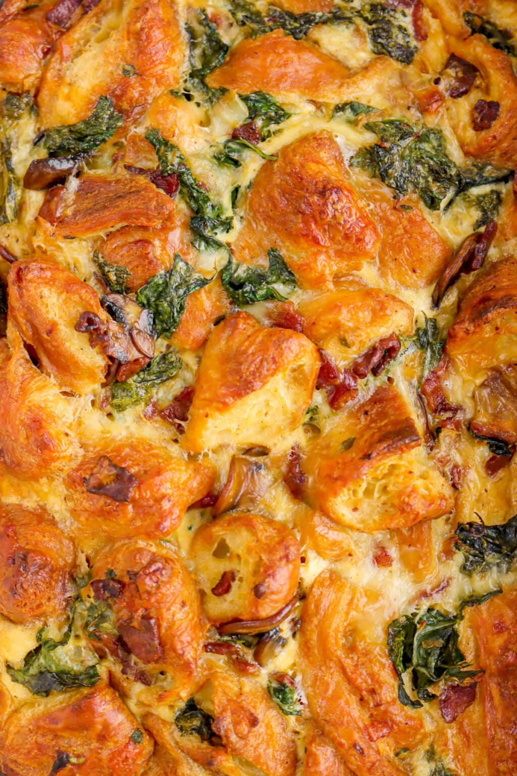 Cheesy Bacon, Kale, Mushroom, and Croissant Breakfast Casserole