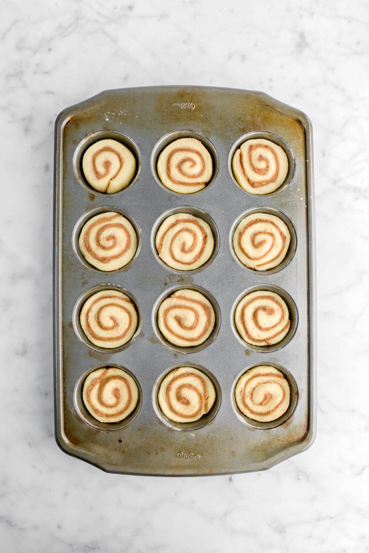 proofed cinnamon rolls in muffin pan.