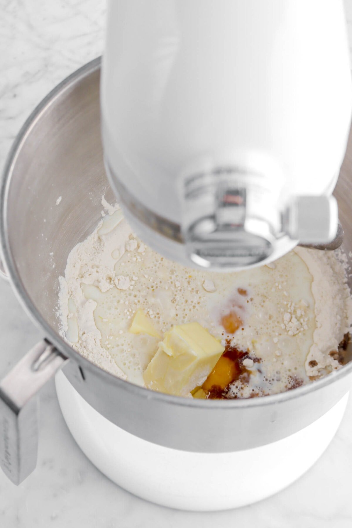 butter, eggs, vanilla, and milk added to dry ingredients.