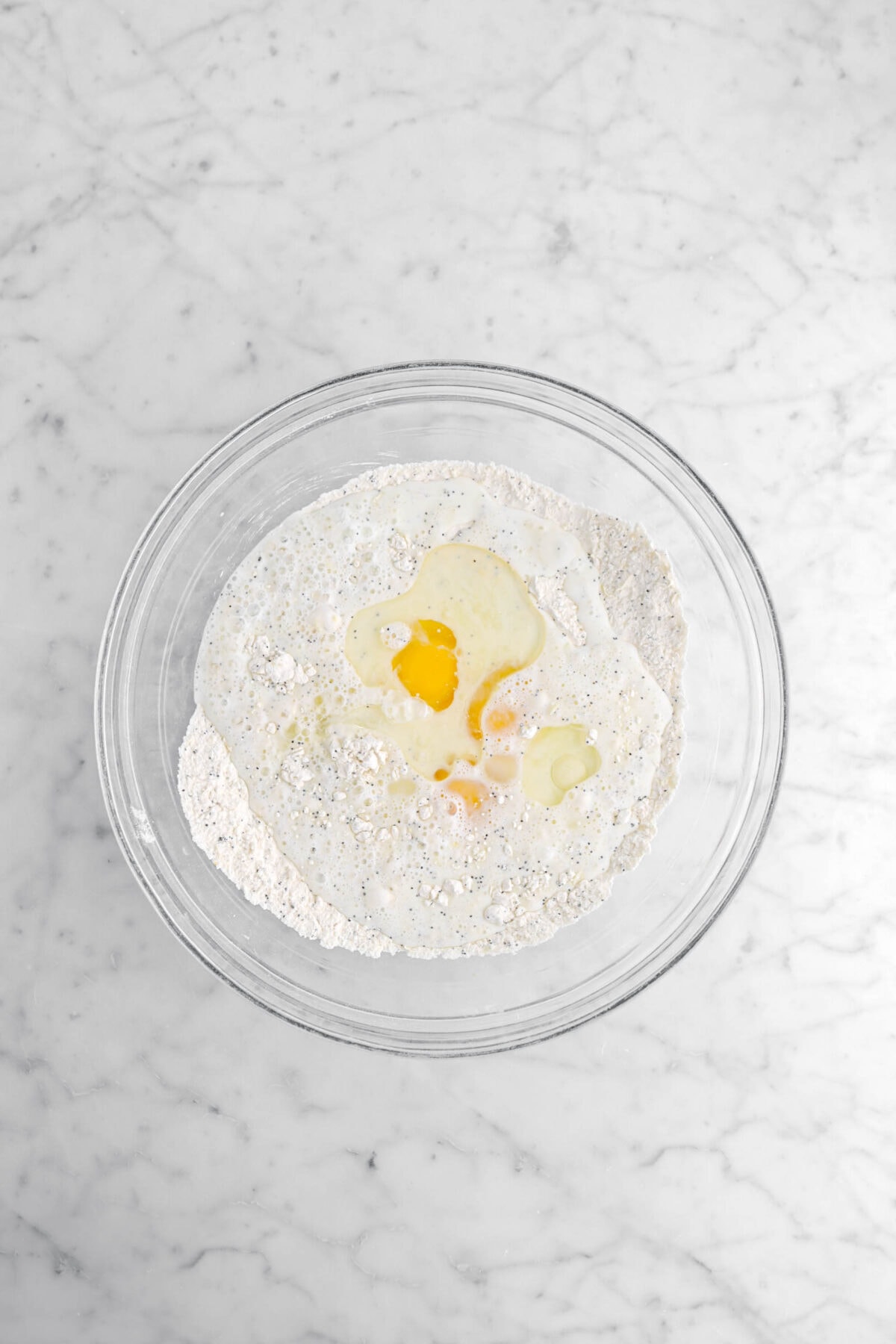 milk, eggs, and oil added to dry ingredients.
