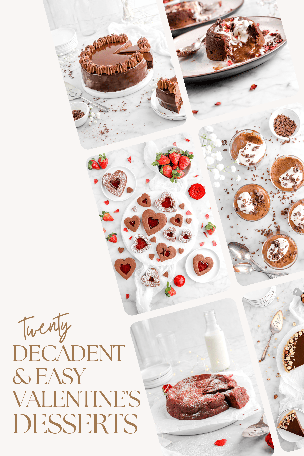 collage of images with text reading, "twenty decadent and easy valentine's desserts".