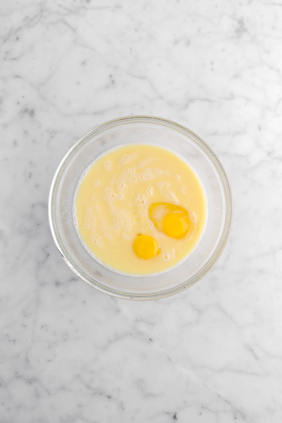 eggs added to evaporated milk mixture.