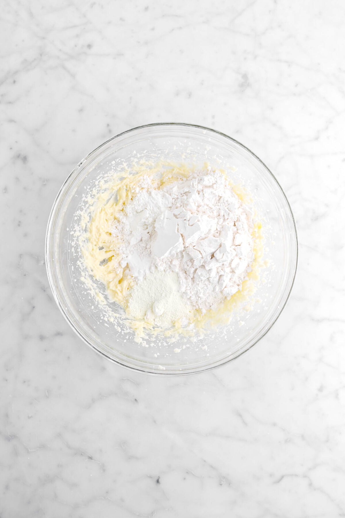 flour, powdered milk, corn starch, and baking soda added to butter mixture.