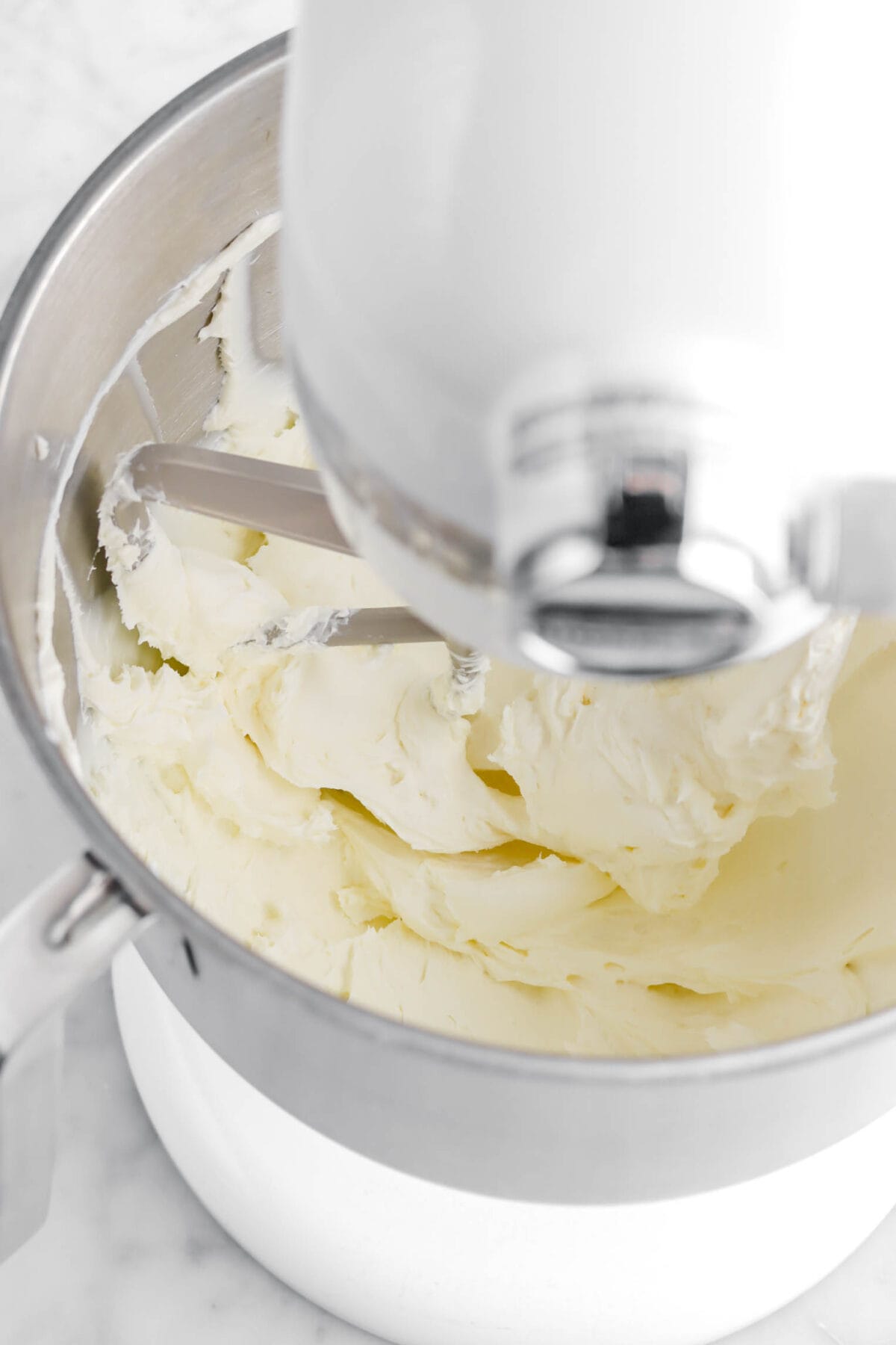 smooth cream cheese mixture in stand mixer.