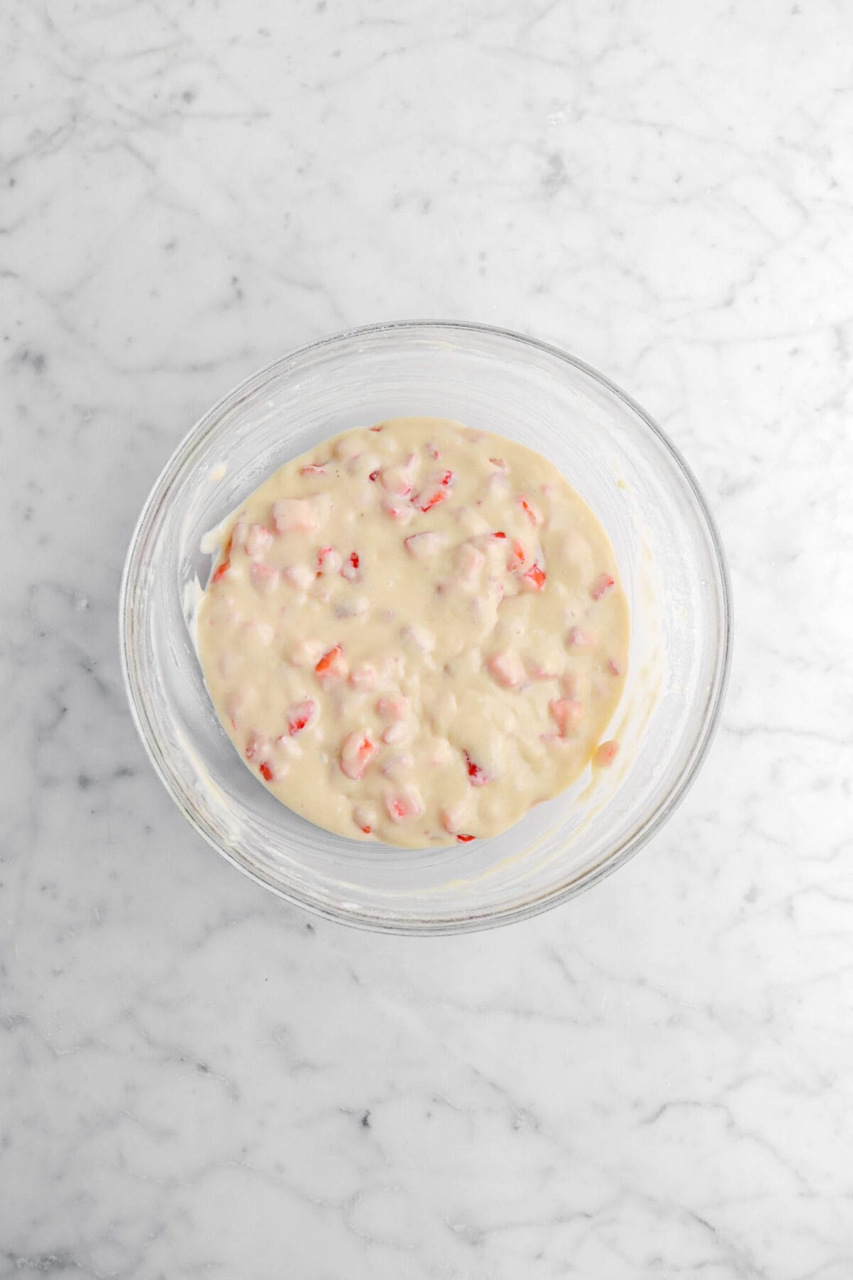 strawberries mixed into cake batter.