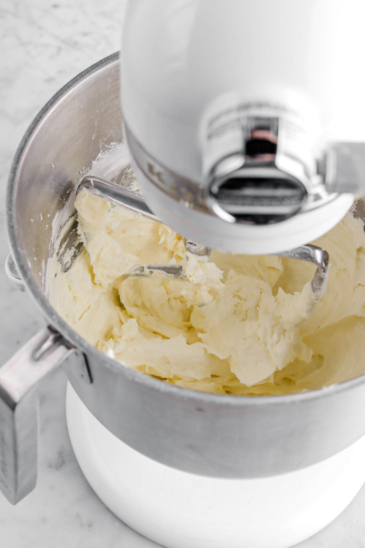 vanilla buttercream in stand mixer.