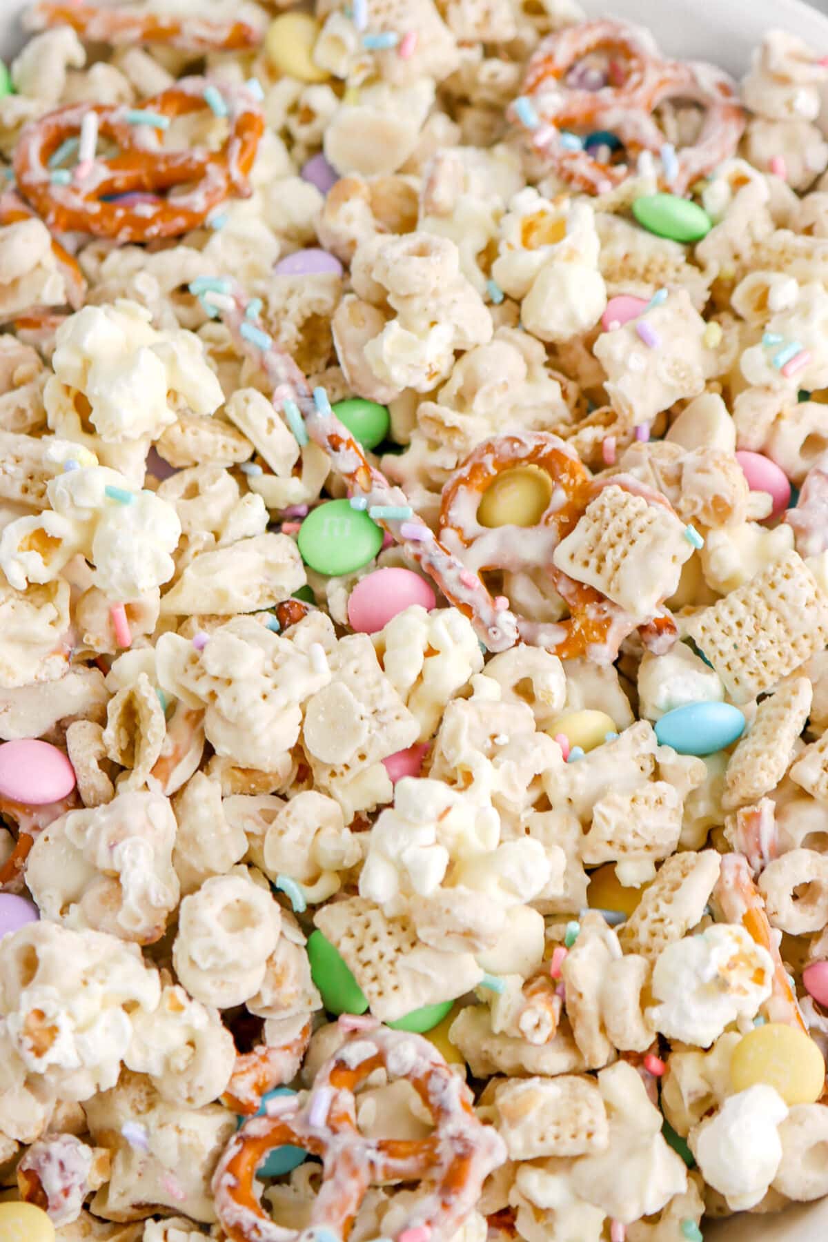 close up angled shot of easter snack mix.