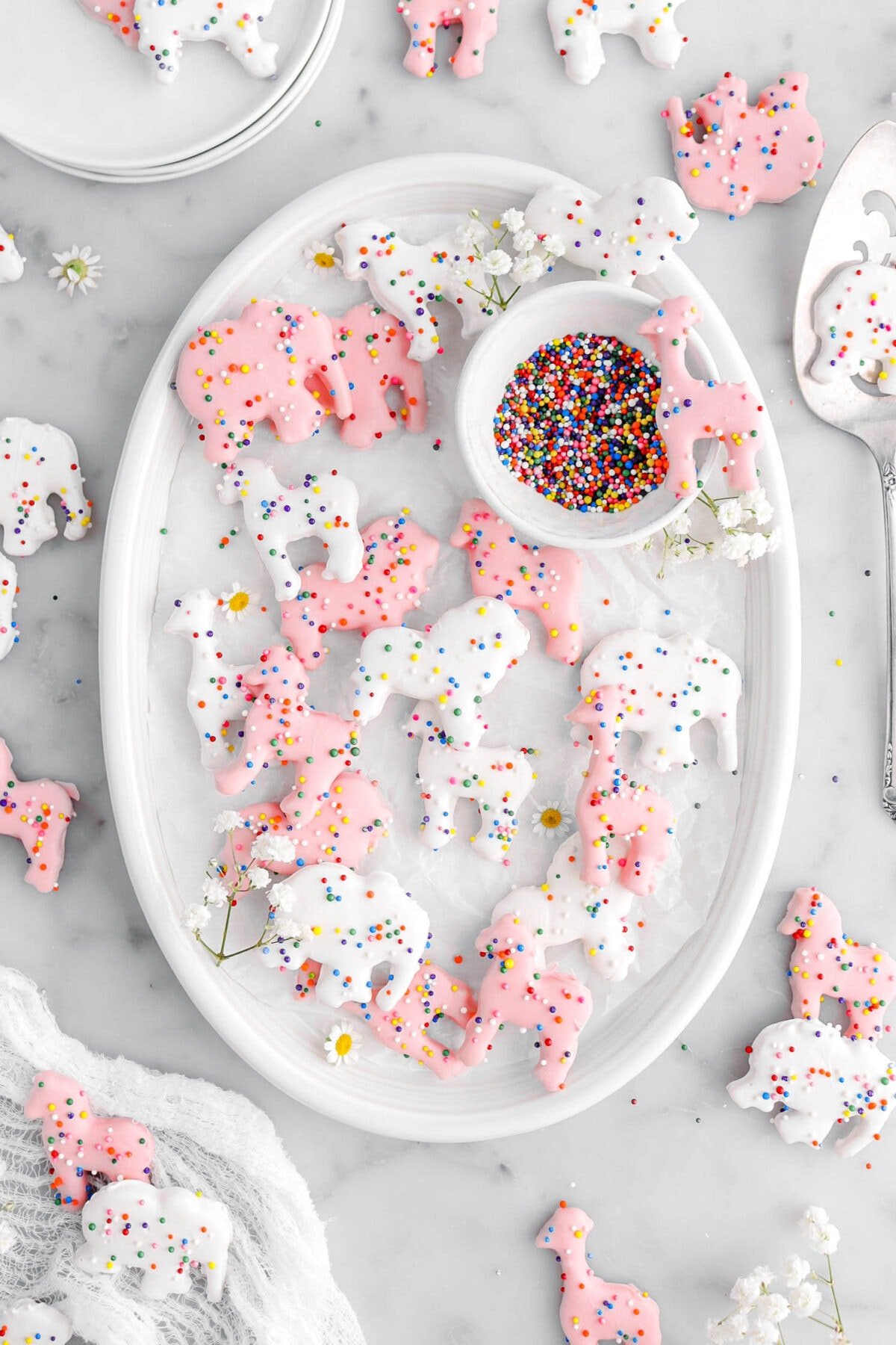 close up overhead shot of frosted animal crackers on white oval plate with flowers and a bowl of sprinkles.
