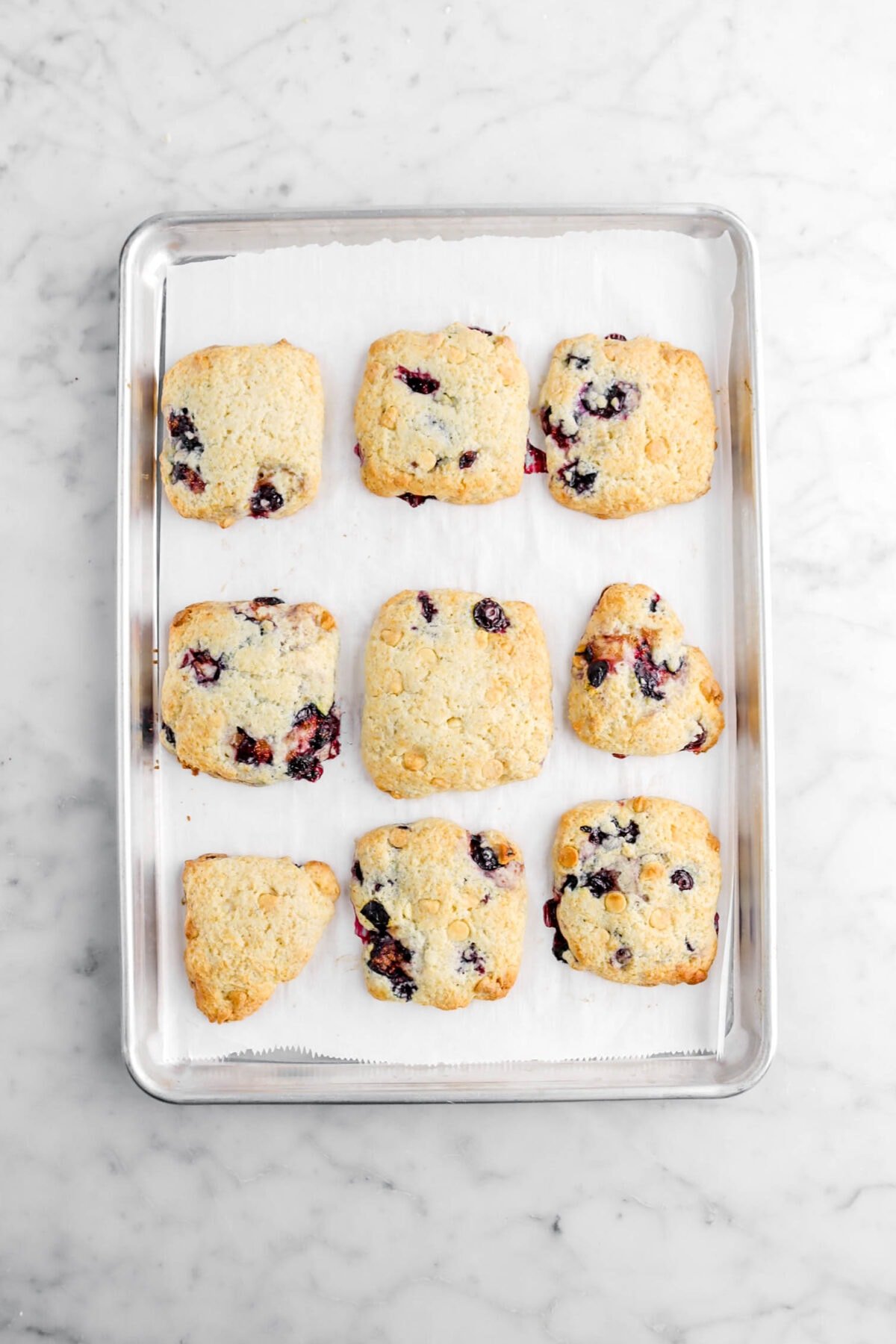 baked blueberry white chocolate scones on lined sheet pan.