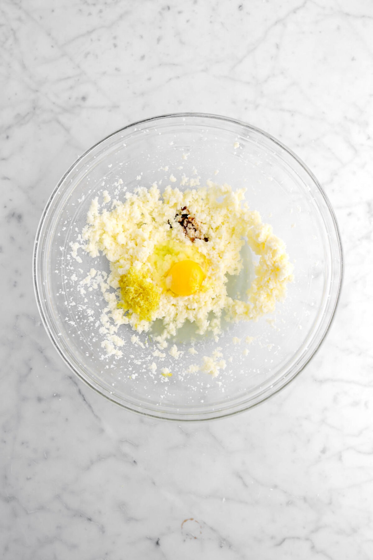 egg, lemon zest, and vanilla added to butter mixture.