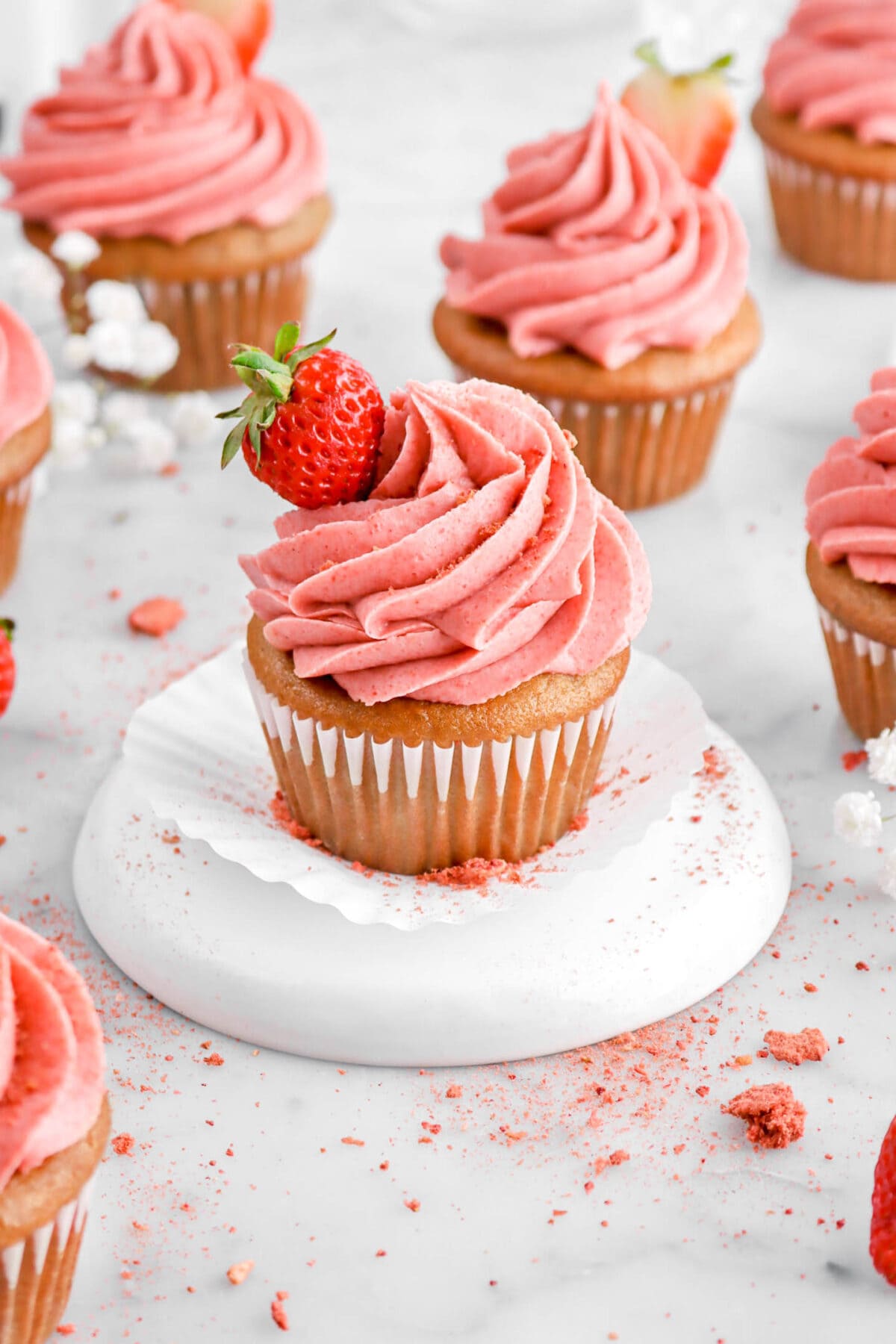 close up of of strawberry cupcake on upside down white plate with more cupcakes behind and freeze-dried strawberry powder around.