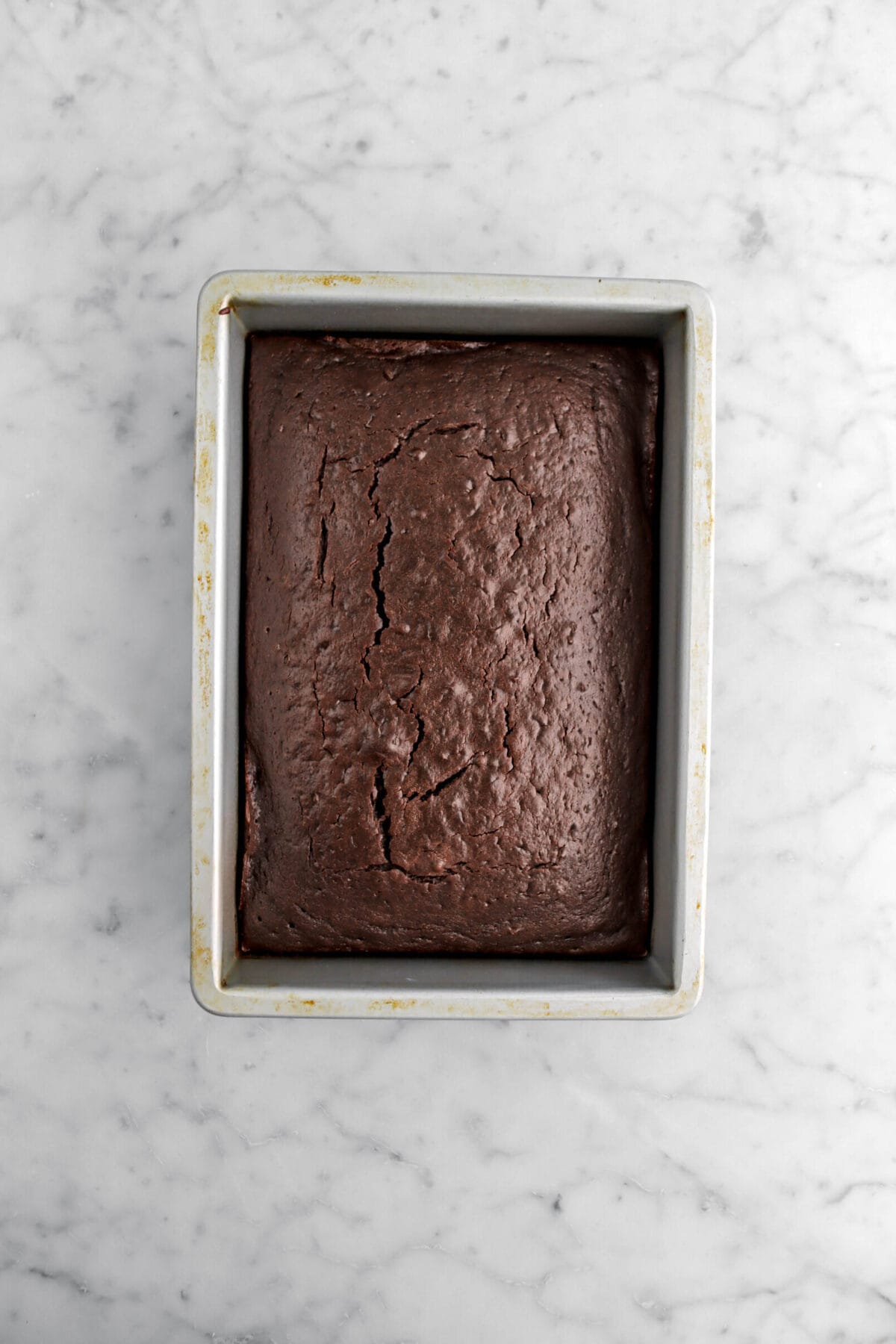 baked chocolate cake in rectangular cake pan.