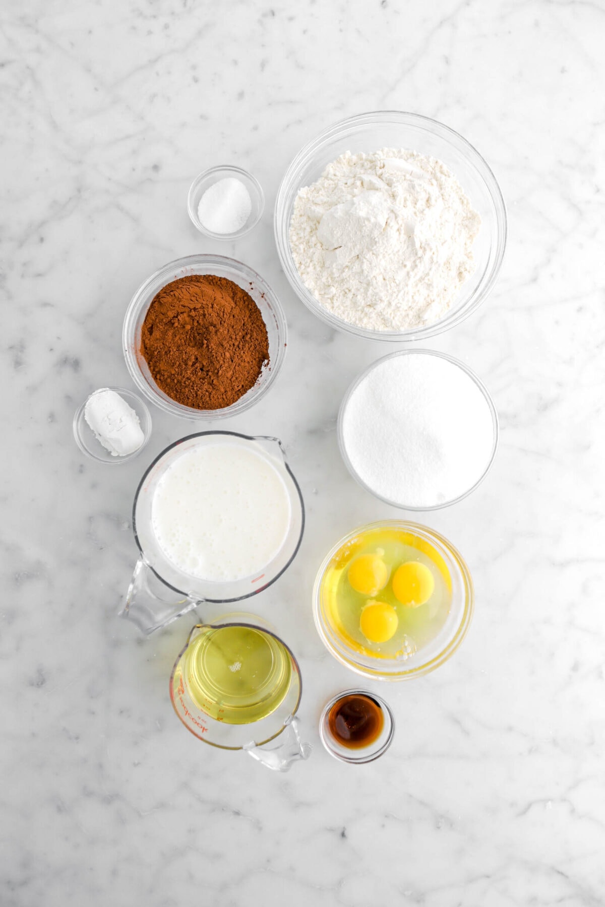 salt, flour, cocoa powder, baking powder, sugar, milk, eggs, oil, and vanilla on marble surface.