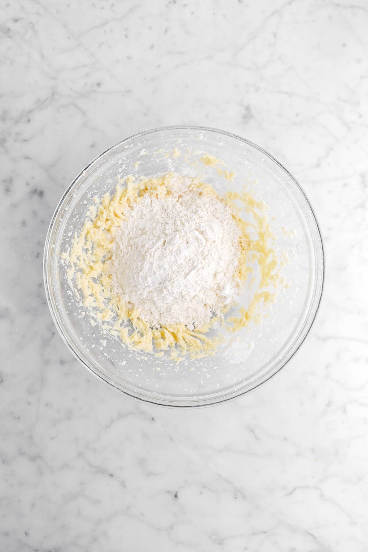 dry ingredients added to butter mixture.