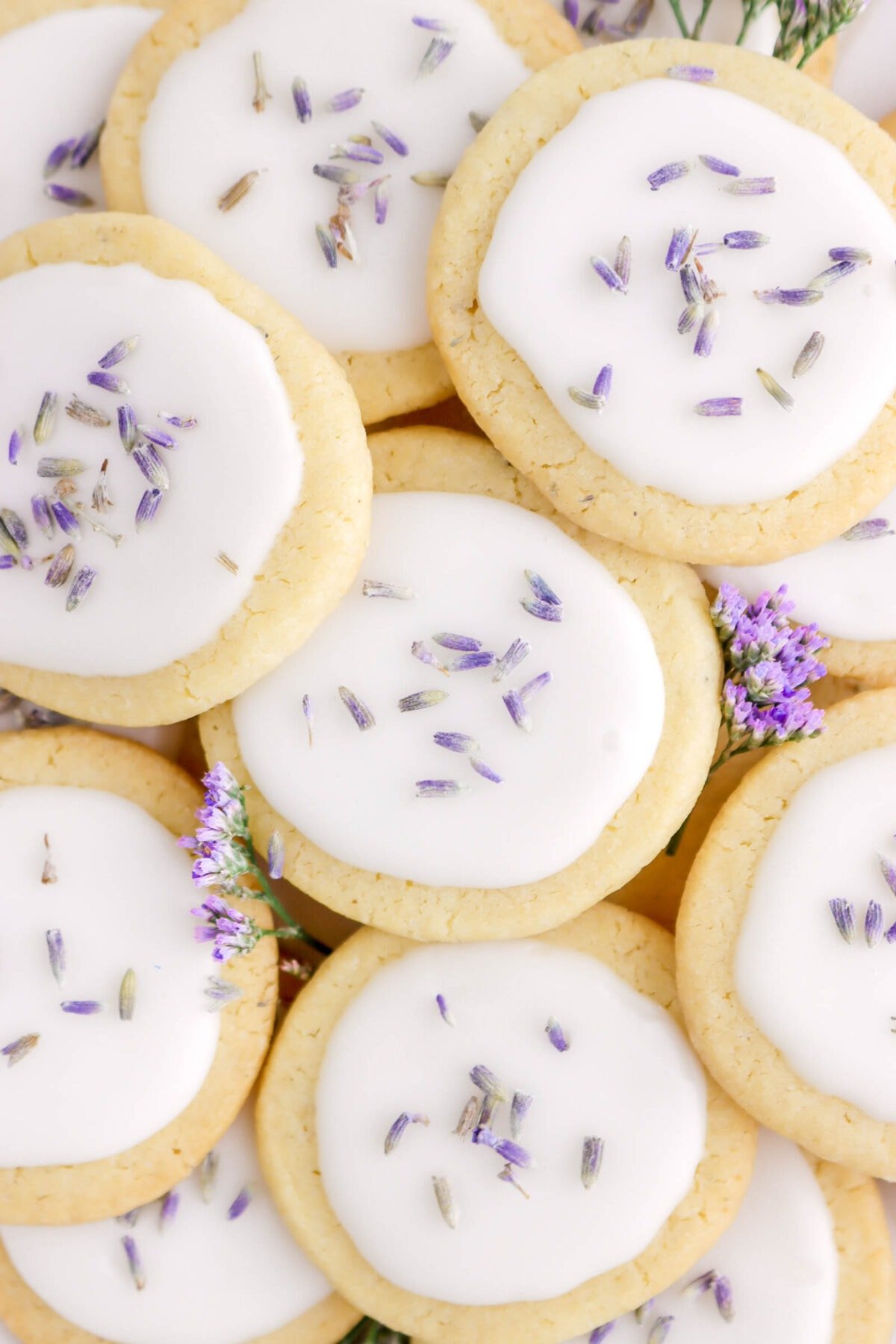 close up of lavender shortbread cookies with purple flowers tucked in-between cookies.