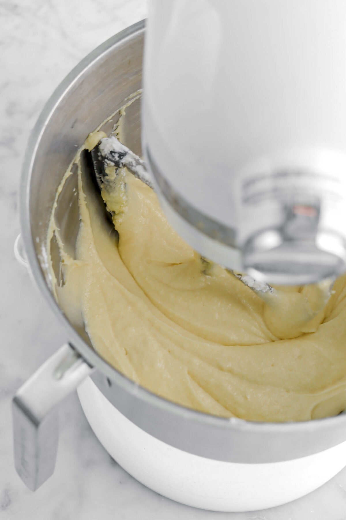cake batter in stand mixer.