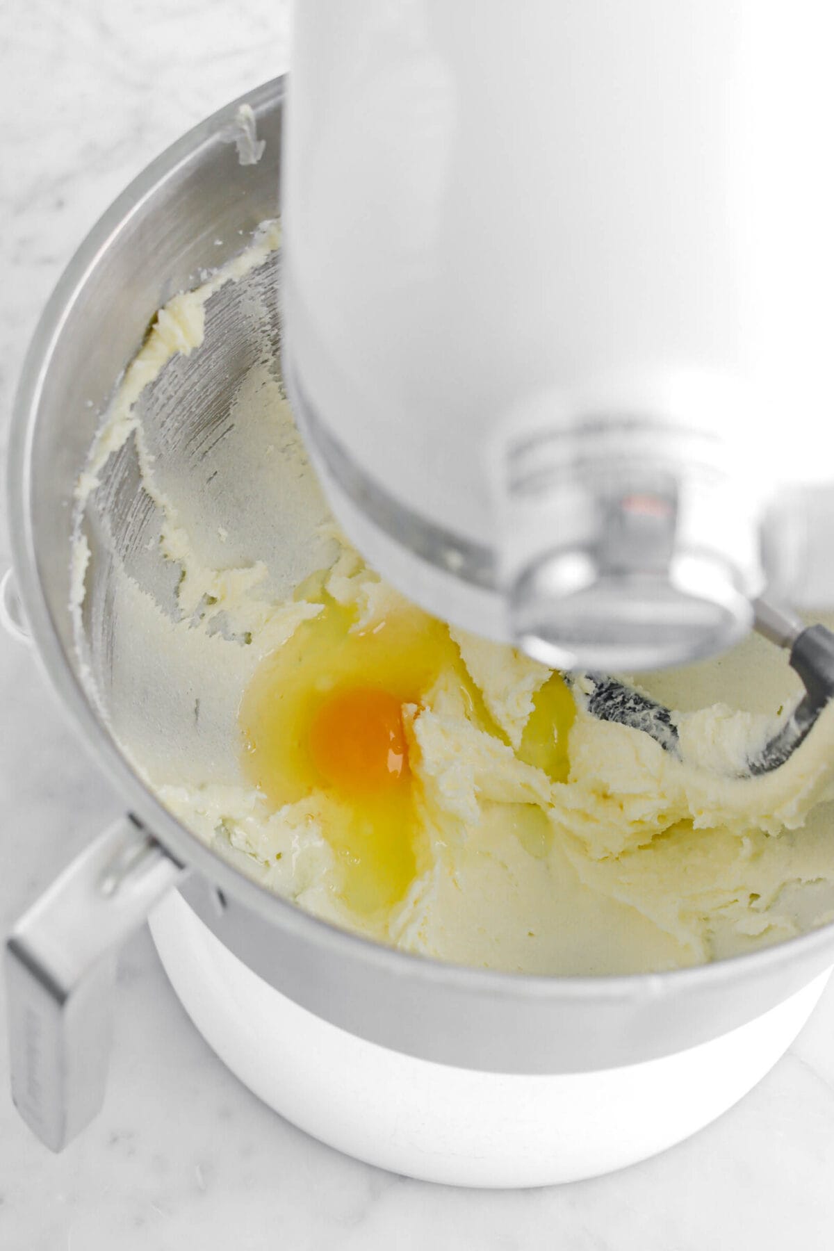 egg added to butter and sugar mixture.