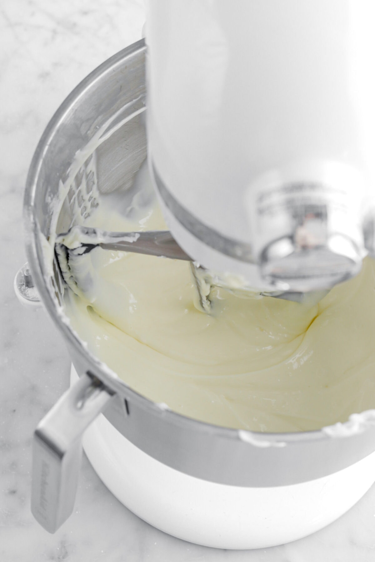 cheesecake mixture in stand mixer.