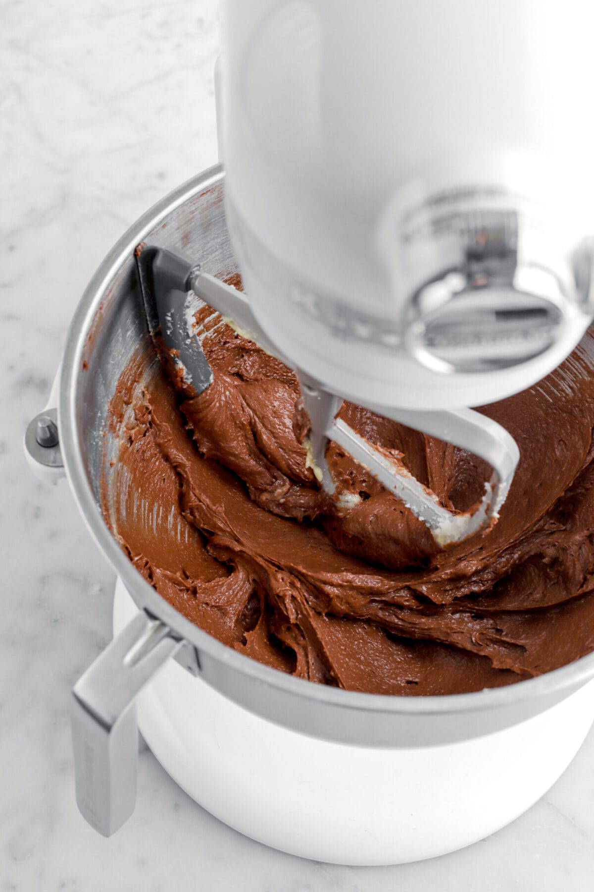 chocolate and butter mixture in stand mixer.