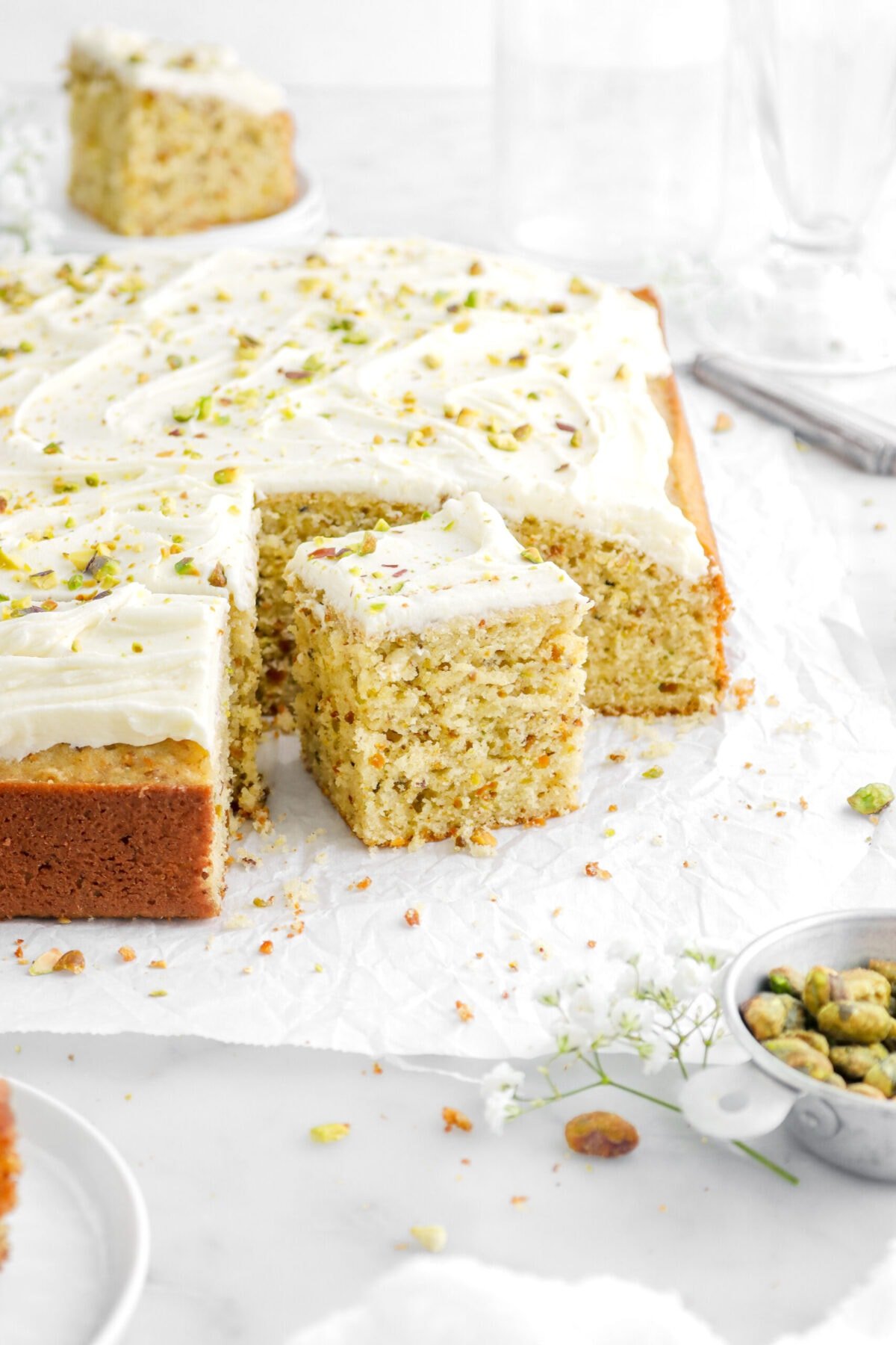 Pistachio Sheet Cake with White Chocolate Buttercream Frosting