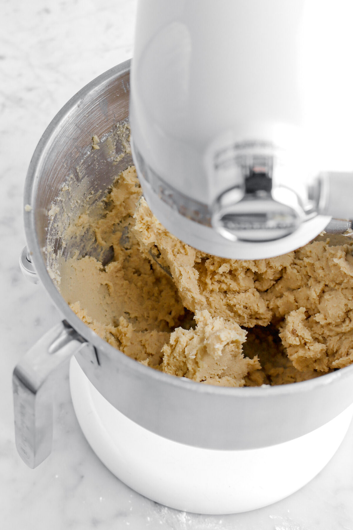 cookie dough in stand mixer.