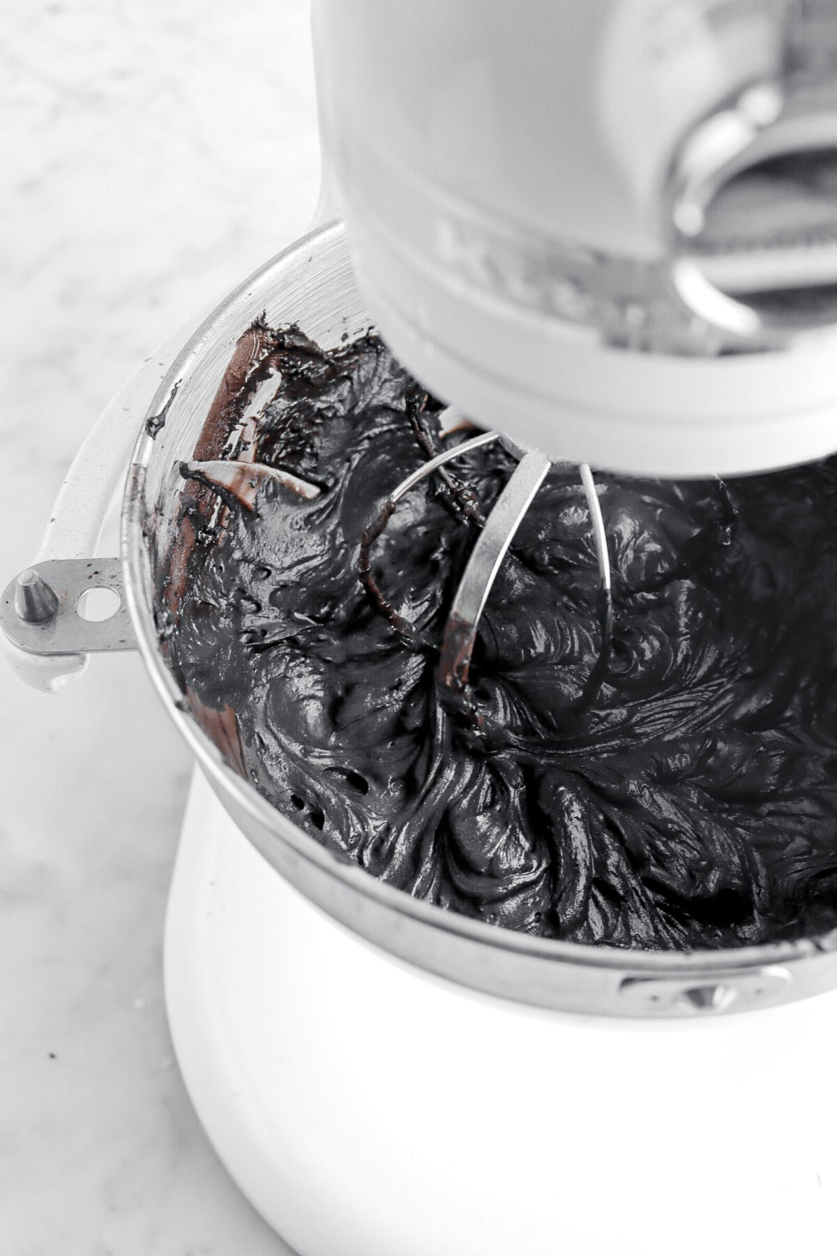 black frosting in stand mixer.