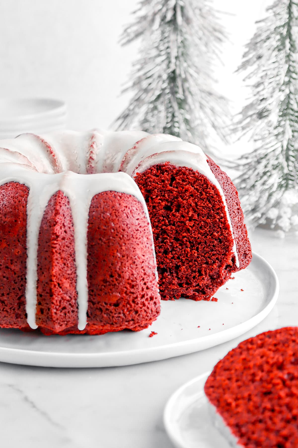 cropped close up of cut red velvet cake.