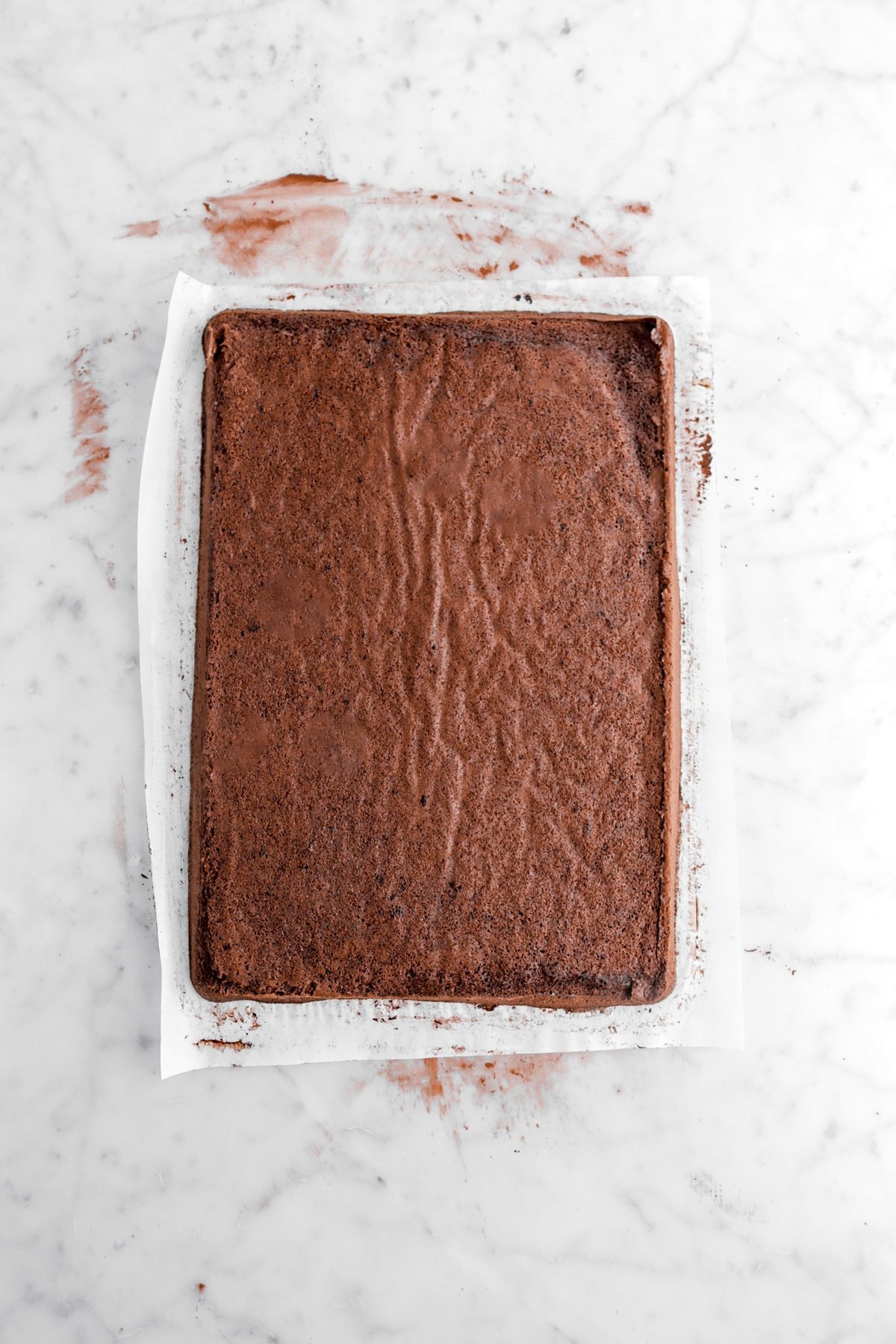 chocolate cake on parchment paper.