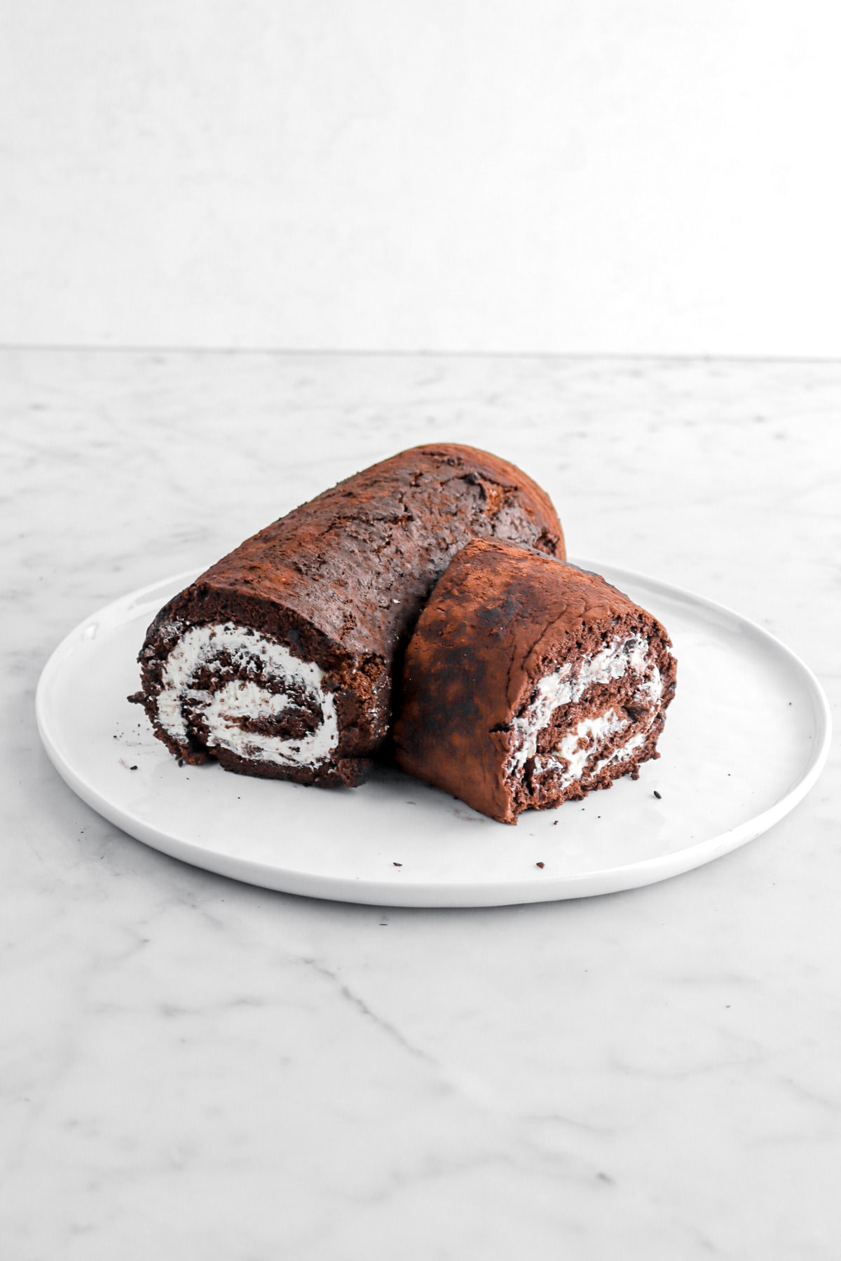 chocolate cake roll on white plate with two pieces placed to resemble a log.