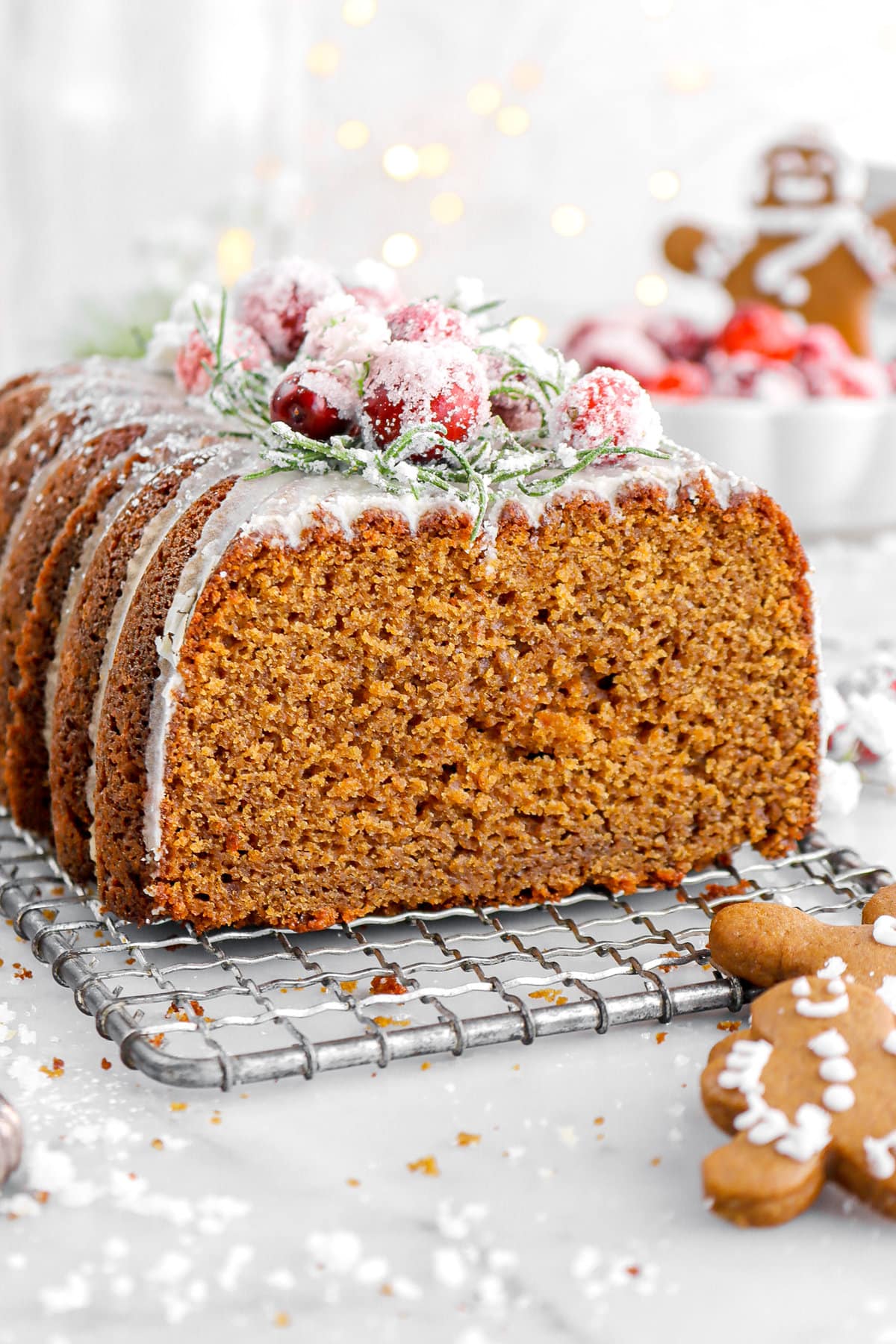 close up of cut gingerbread loaf cake.