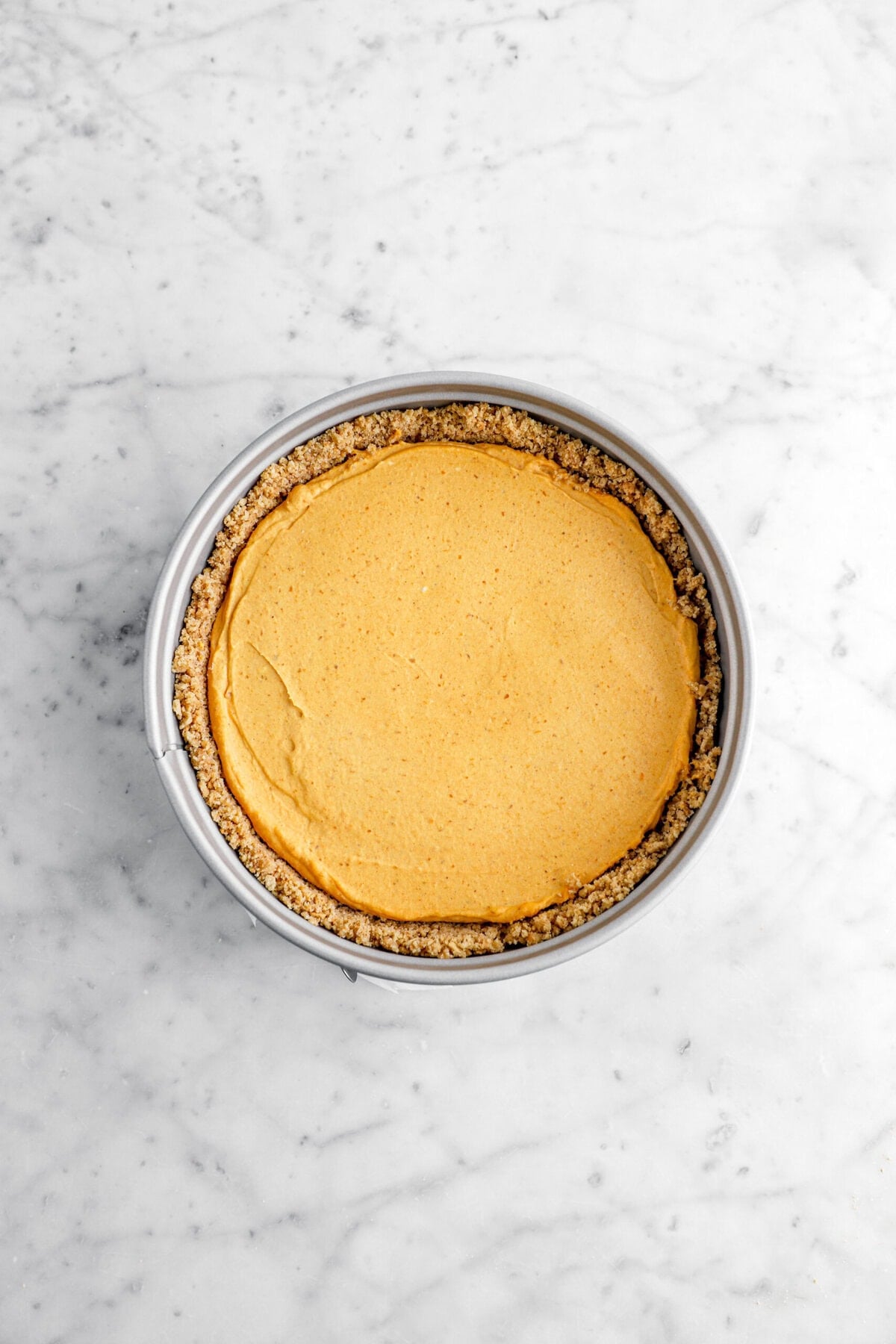no-bake pumpkin cheesecake in pan.