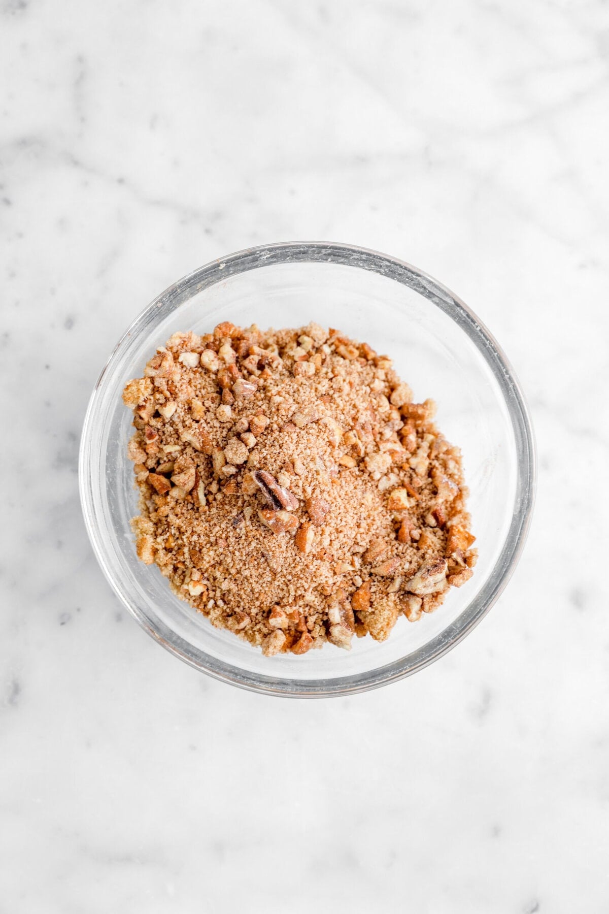 pecan streusel in glass bowl.
